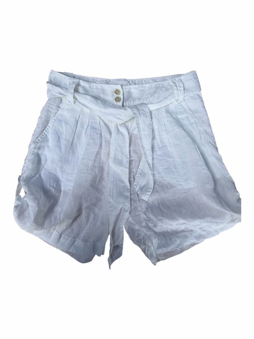 White High-Waist Linen Tie Belt Shorts